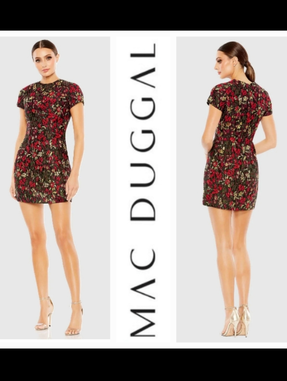 Mac Duggal Brocade Mini Dress Black/Red/Gold Multi Floral Sz 6